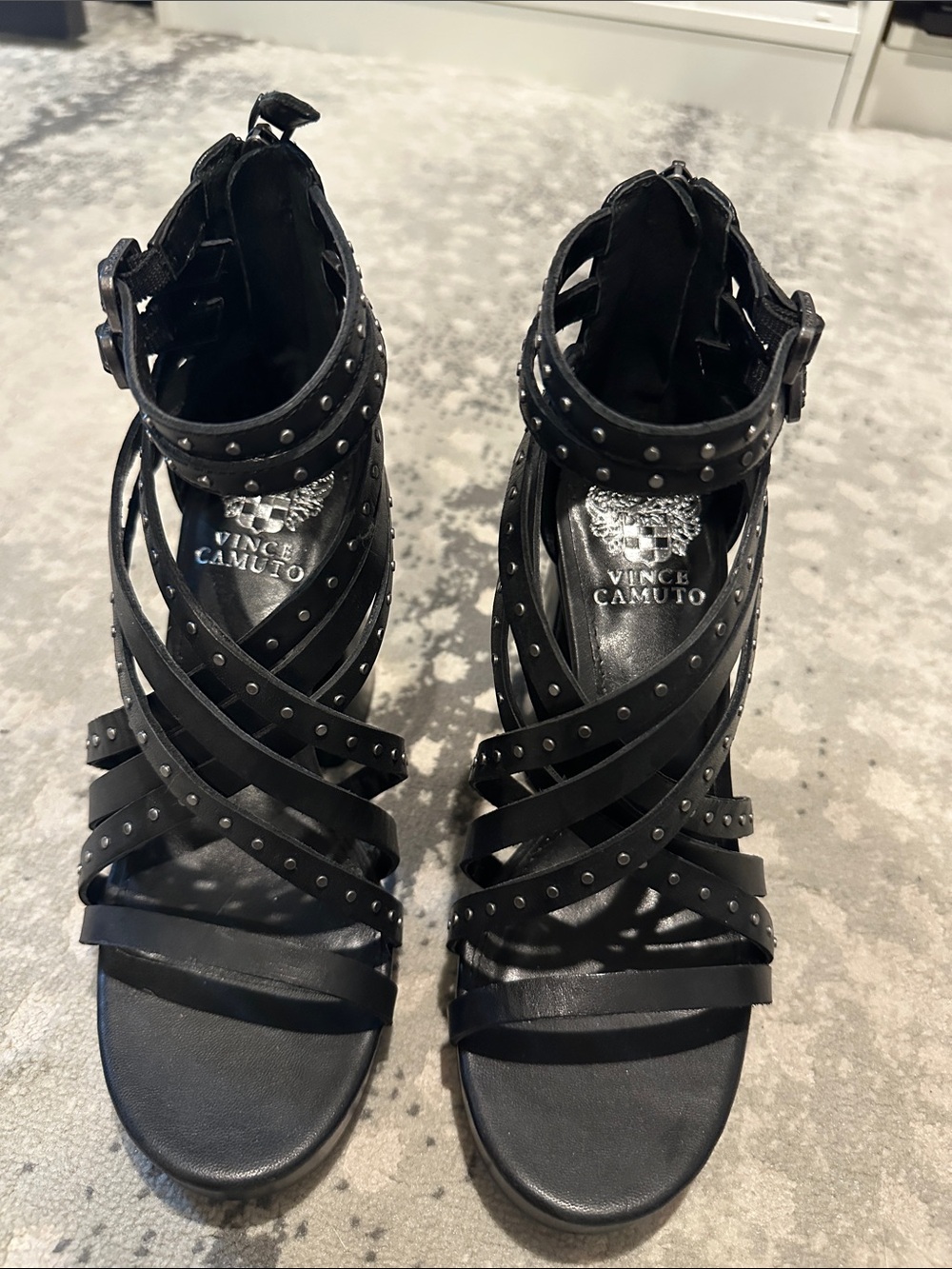 Vince Camuto Black Studded Crisscross Ankle Strap Heels